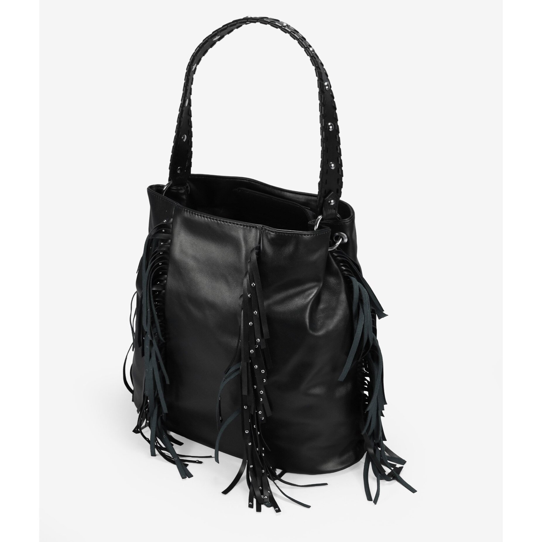 Bolso de hombro negro con flecos