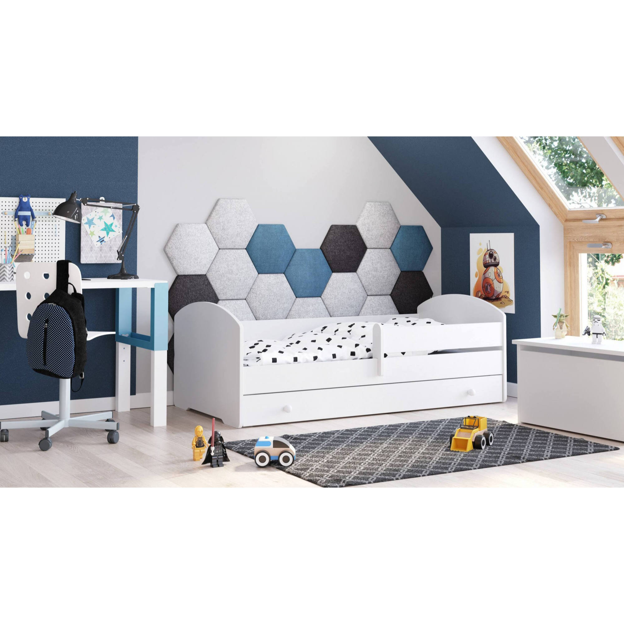 Letto singolo per bambini, Lettino con cassettone e protezione anticaduta, con testiera tonda, cm 144x78h58, colore Bianco