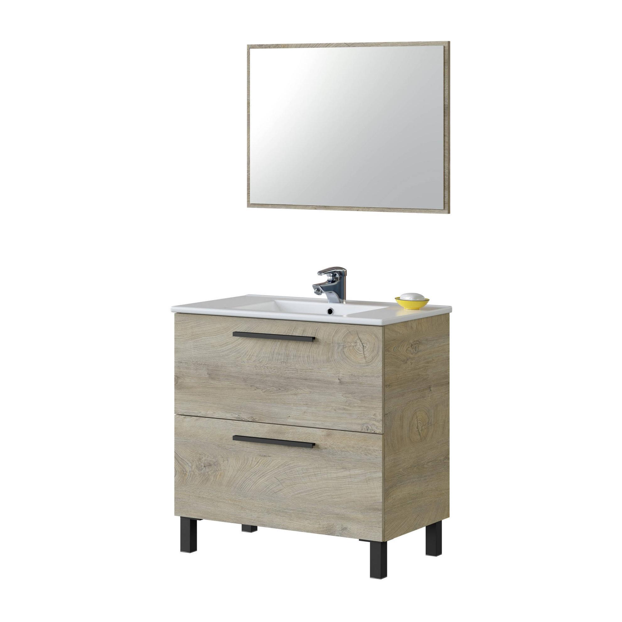 Mobile sottolavabo Yonkers, Mobiletto per bagno a 2 cassetti, Armadietto sospeso con specchio, lavabo non incluso, cm 80x45h80, Rovere