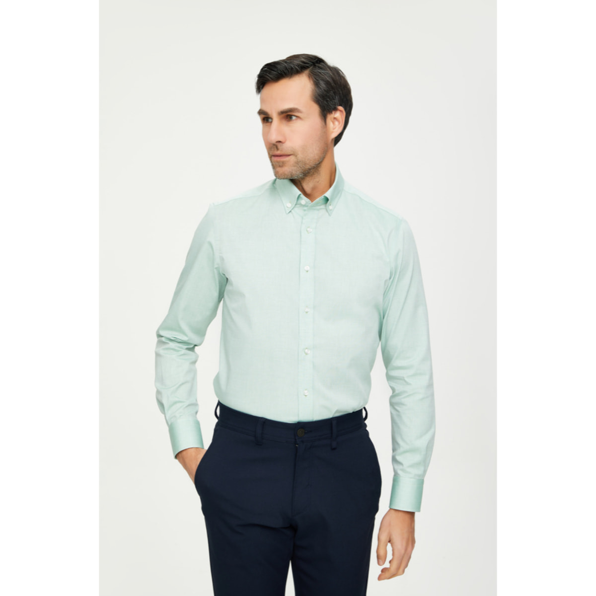 Camicia Uomo 1 Bottone Button Down Slim Cotone Unito Verde Chiaro