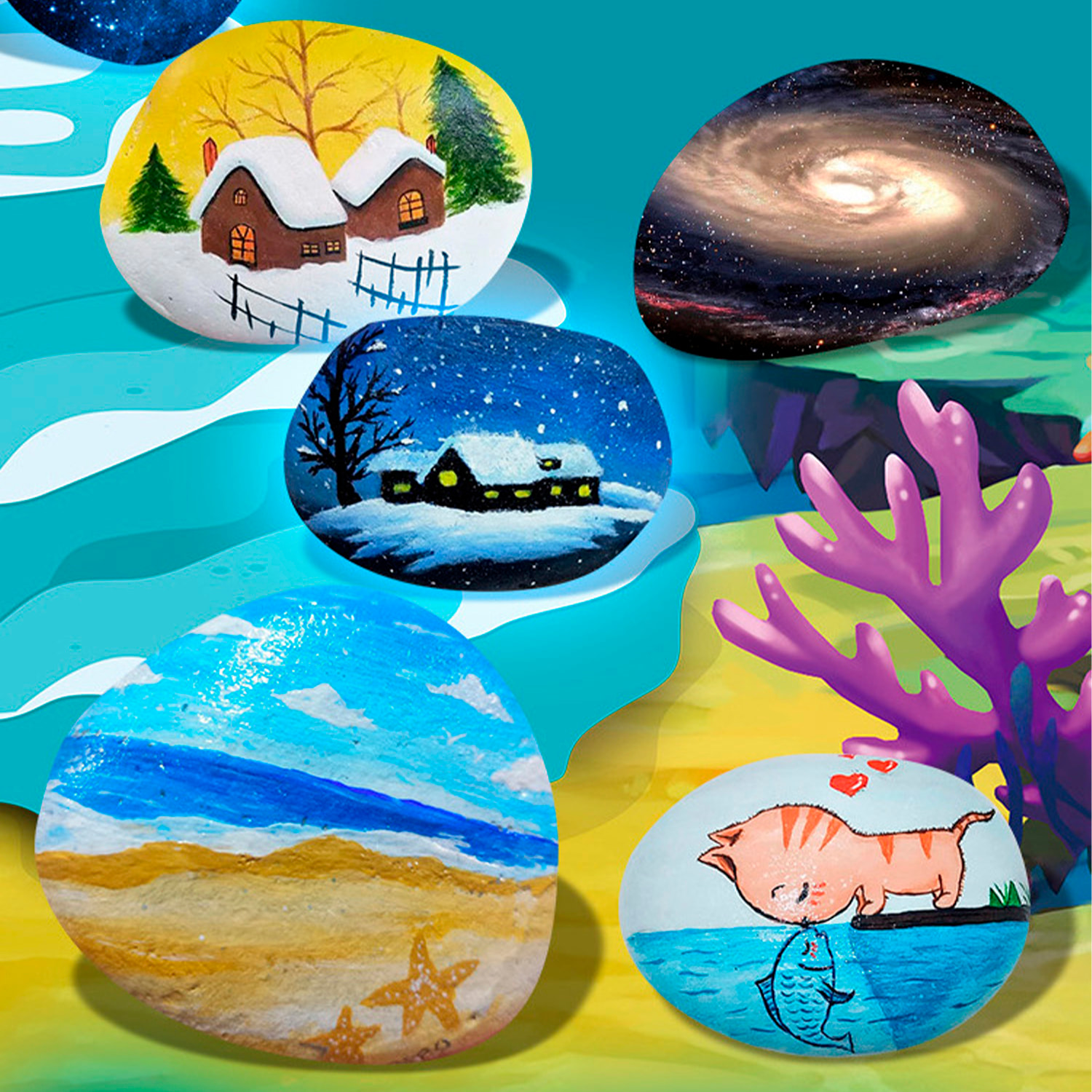 Kit creativo de pintura para piedras, con efecto de brillo en la oscuridad. Incluye pinceles, 12 pinturas, pegatinas, ojos saltones y polvos decorativos.