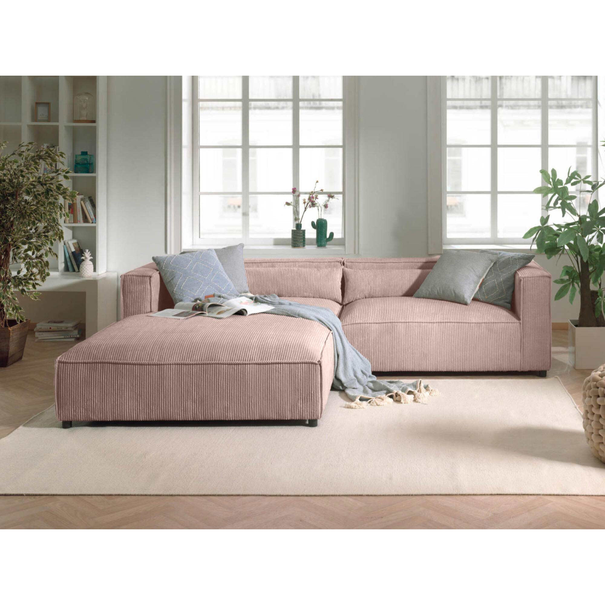 Ela - canapé d'angle gauche 4 places - en velours côtelé - style contemporain - Rose