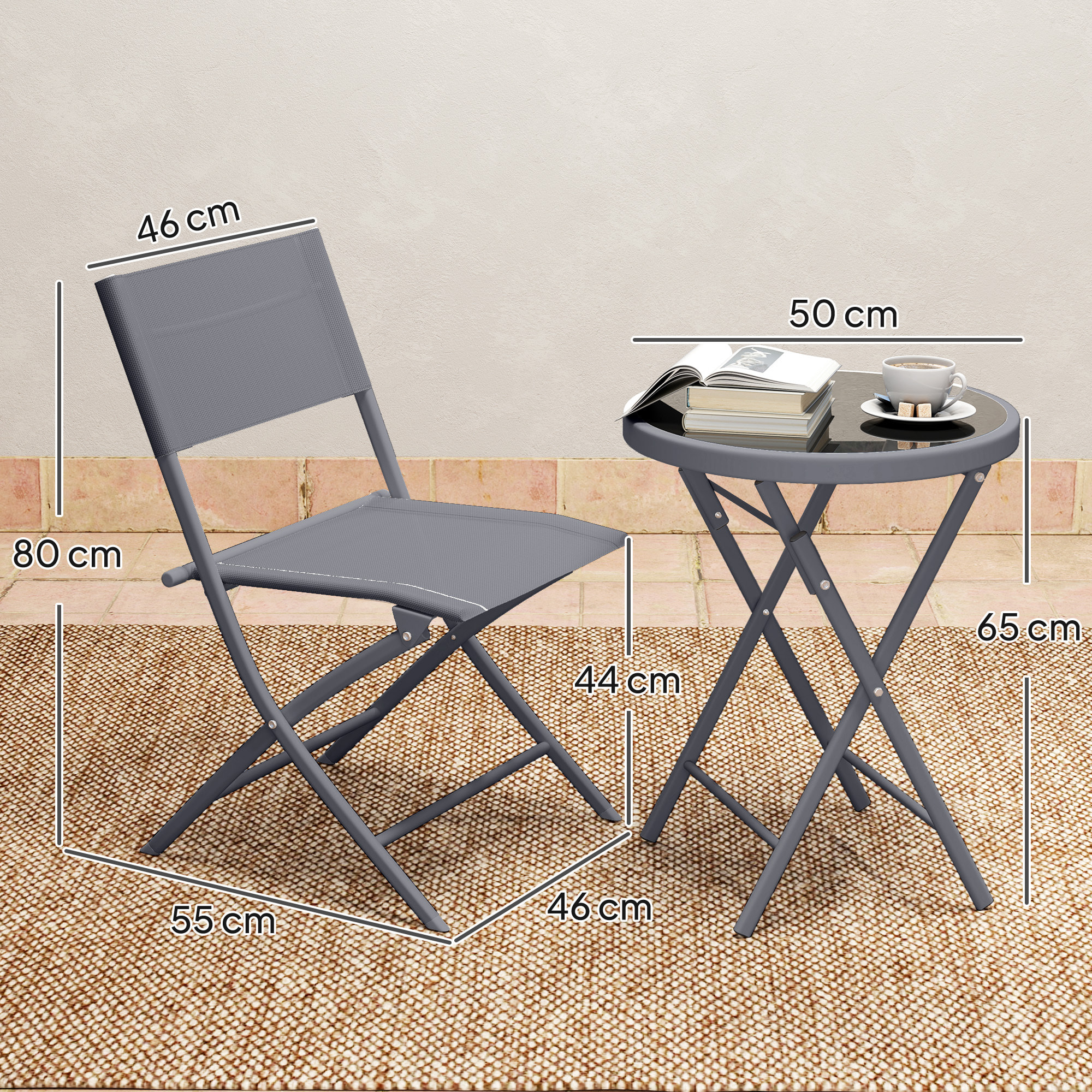 Ensemble jardin 2 personnes pliable - ensemble bistrot de jardin 3 pièces - métal époxy gris