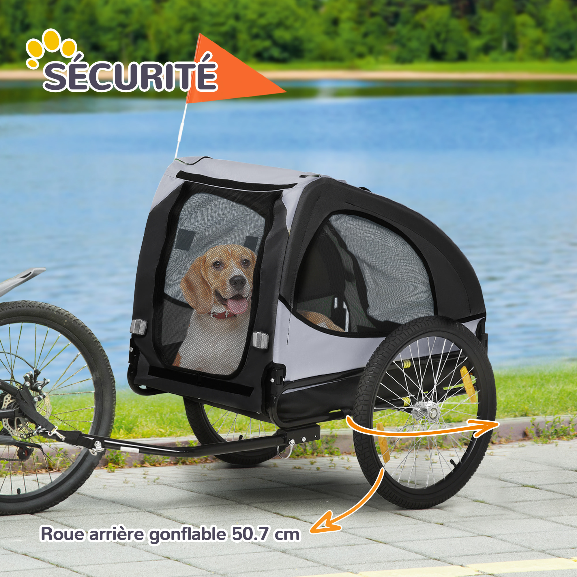 Remorque vélo pour chien 20 Kg pliable barre attelage fixation réflecteurs drapeau noir