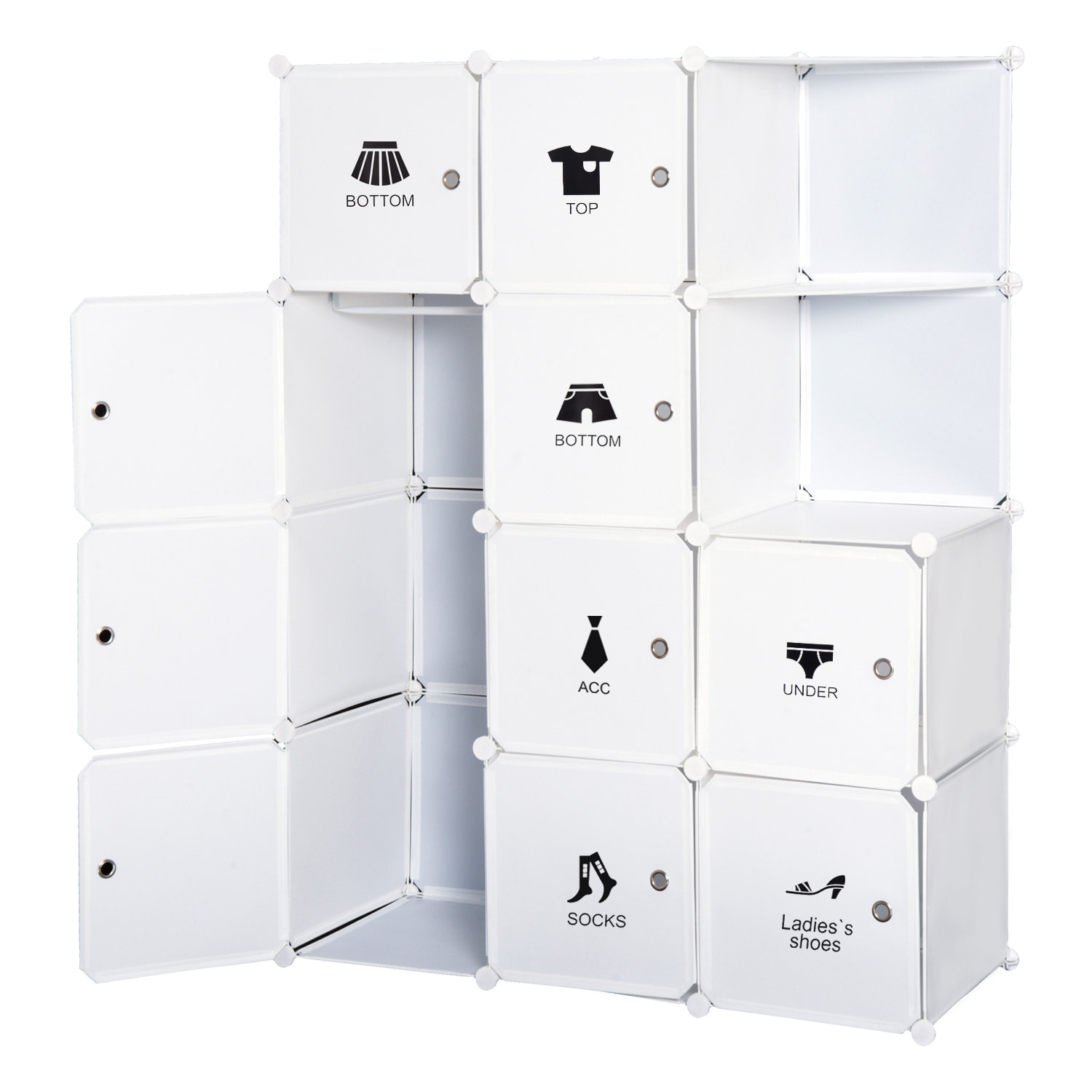 Armoire penderie cube multi-rangements 10 cubes + 2 étagères + autocollants décoratifs 111L x 47l x 145H cm blanc