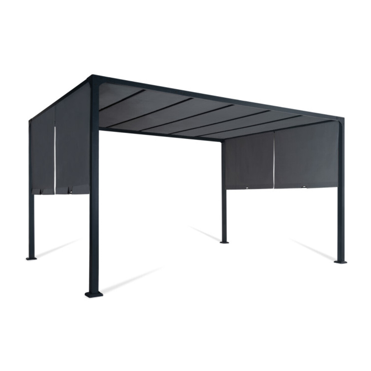 Pergola 3x4m + 2 toiles latérales coulissantes grises