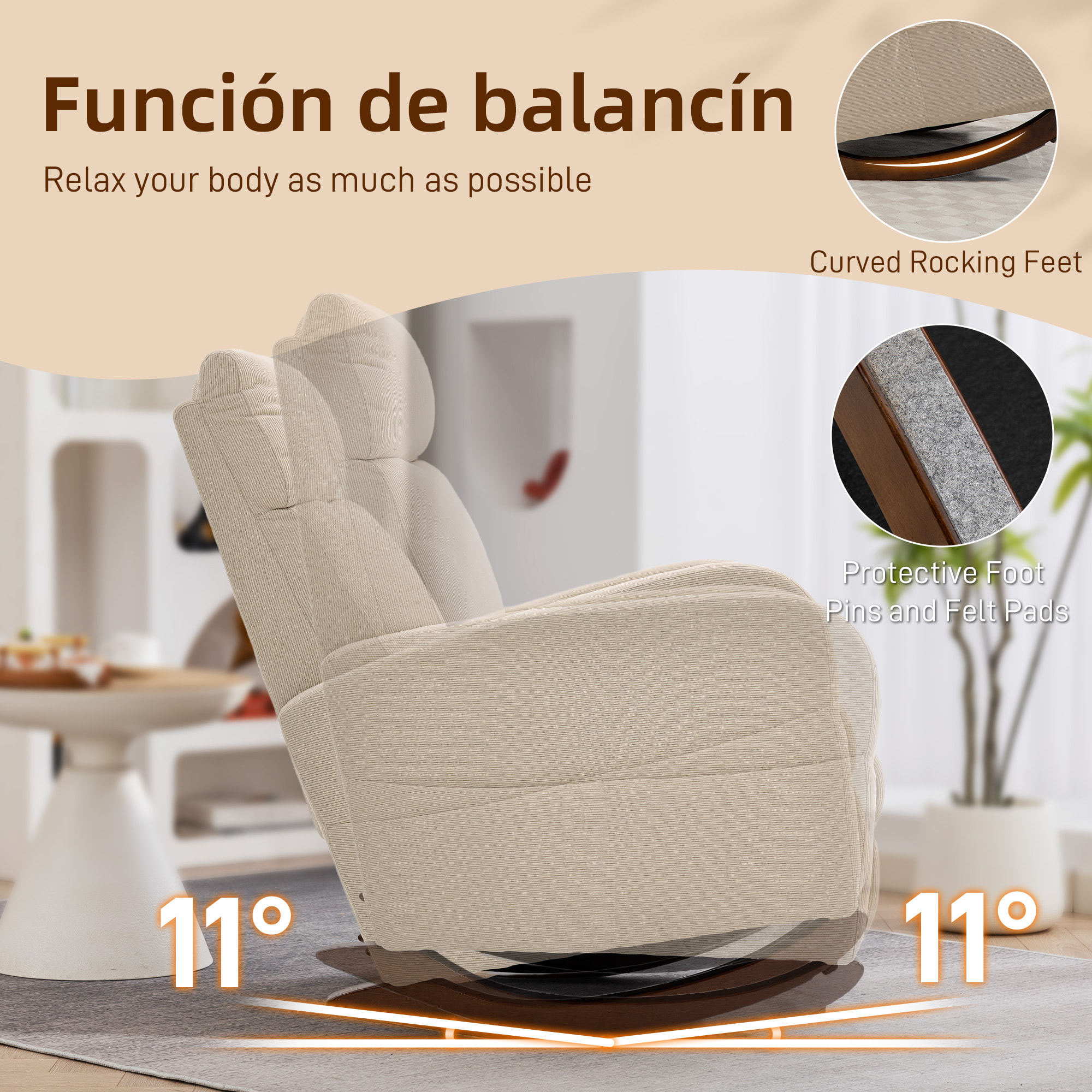 Silla Mecedora, Mecedora de Pana con Respaldo Alto, Patas de Madera de Caucho, Bolsillos, Reposabrazos, Estilo Moderno, Sillón de Lactancia, Carga 120 kg, para Dormitorio, Salón, Beige