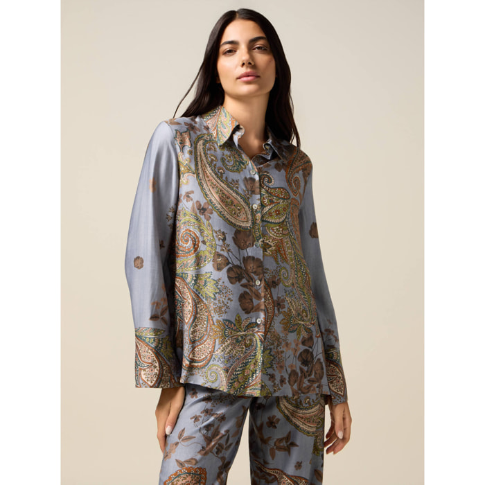Oltre - Camicia in raso fantasia - Azzurro
