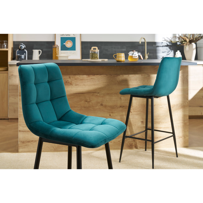 Tabourets de bar design en velours bleu pétrole H65 cm (lot de 2) MAXWELL