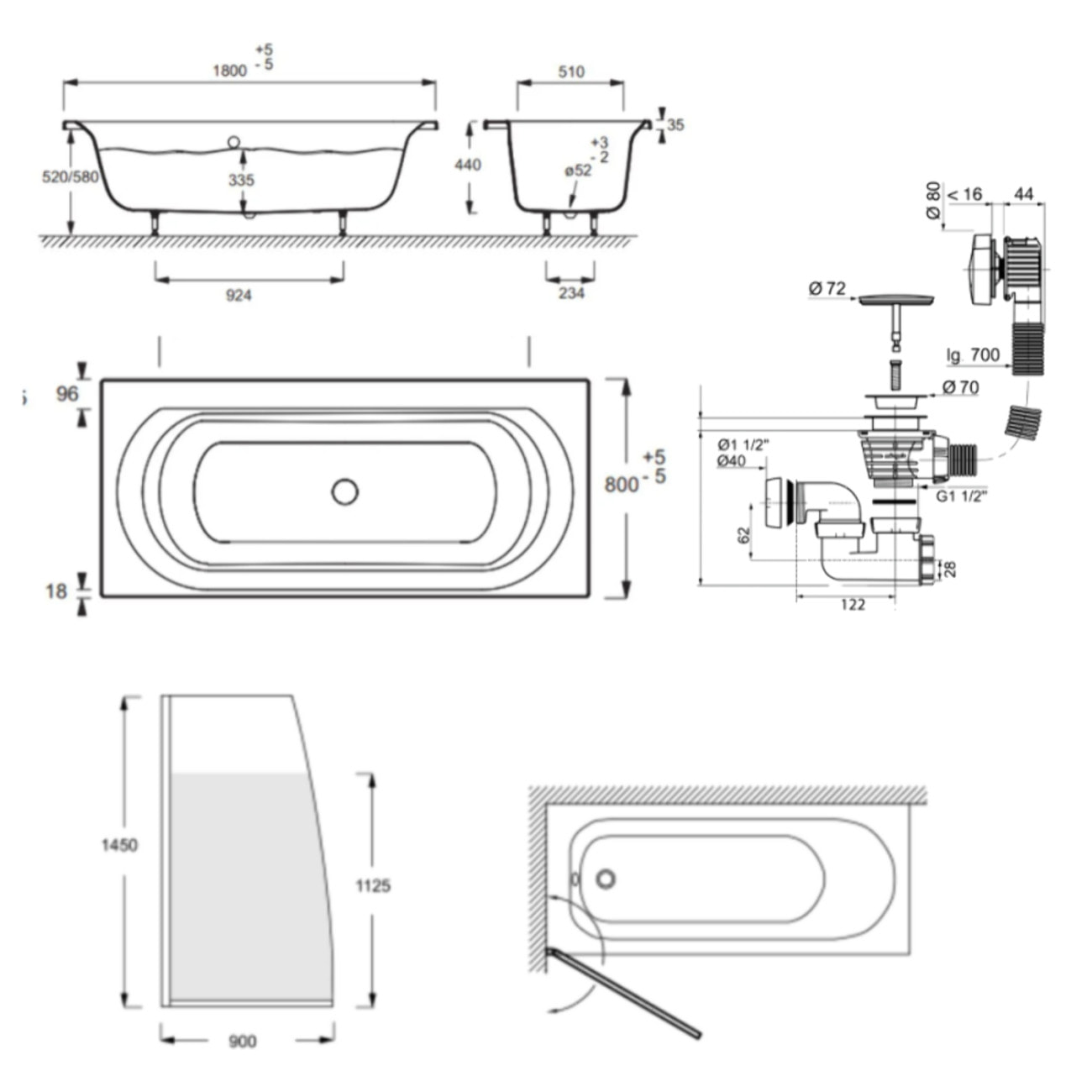 Baignoire droite 180 X 80 Elise acrylique + pare bain volet gauche + vidage