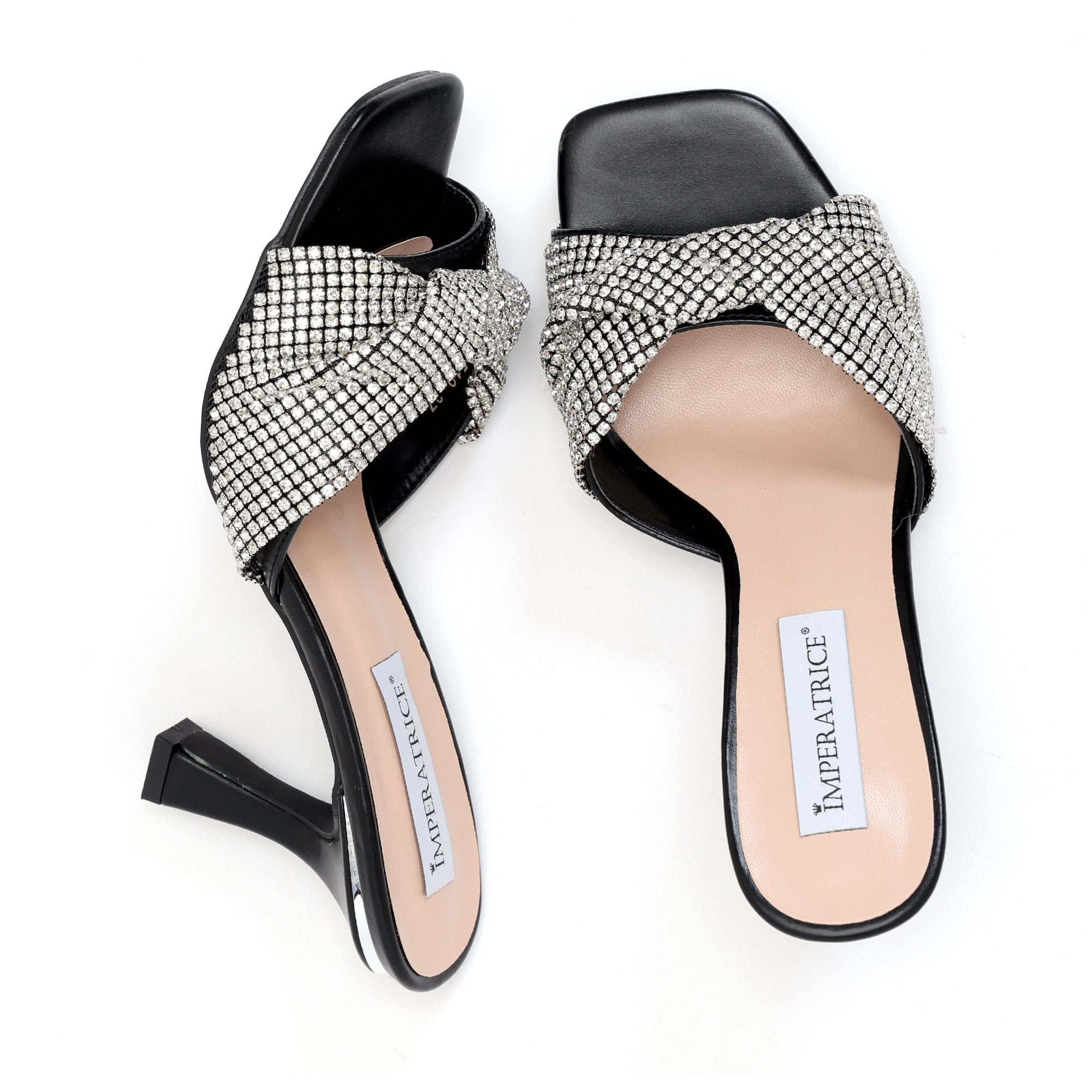 Sandali in simil pelle con tacco a rocchetto e fascia gioiello