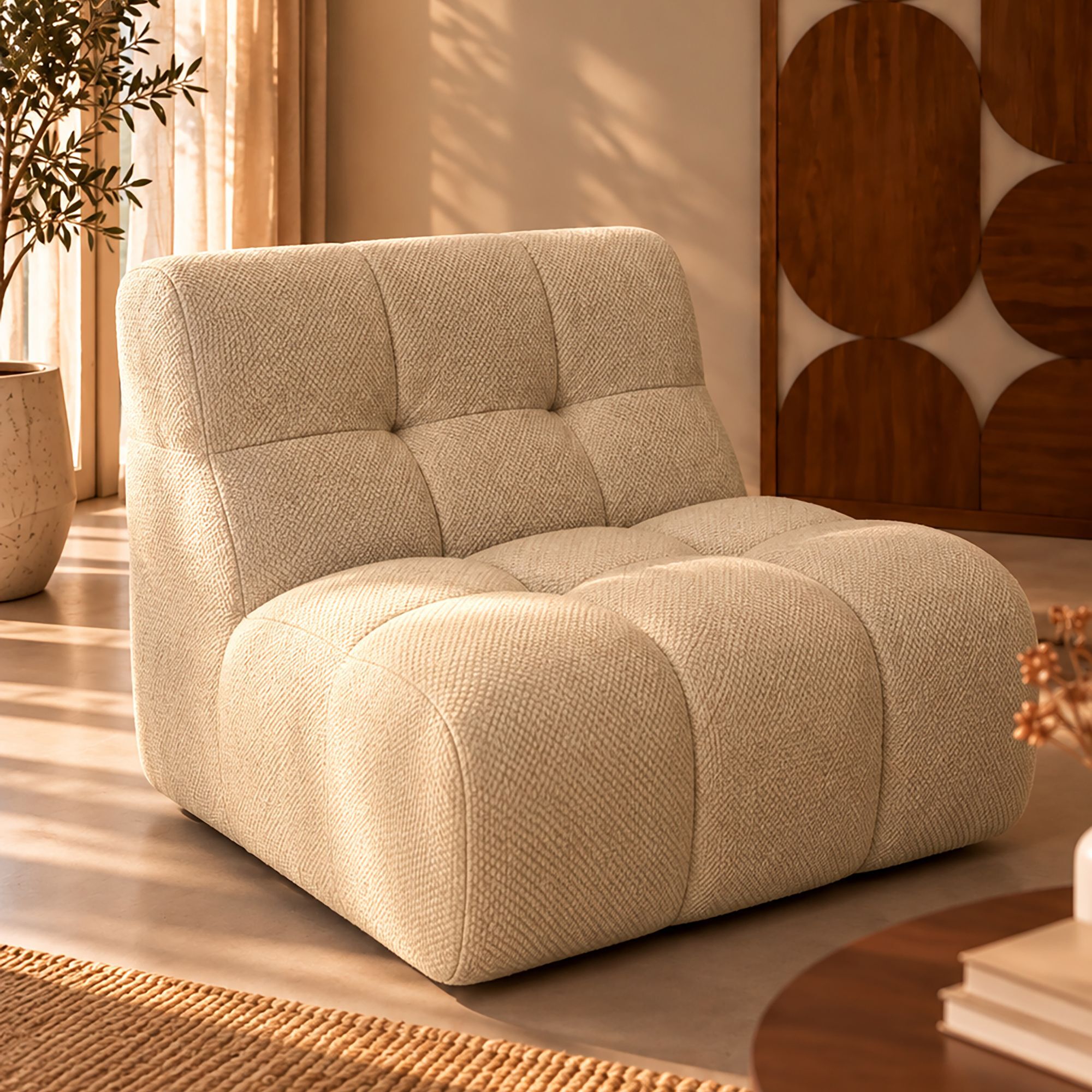 Fauteuil en tissu chenille entrelacé écru VOLTA