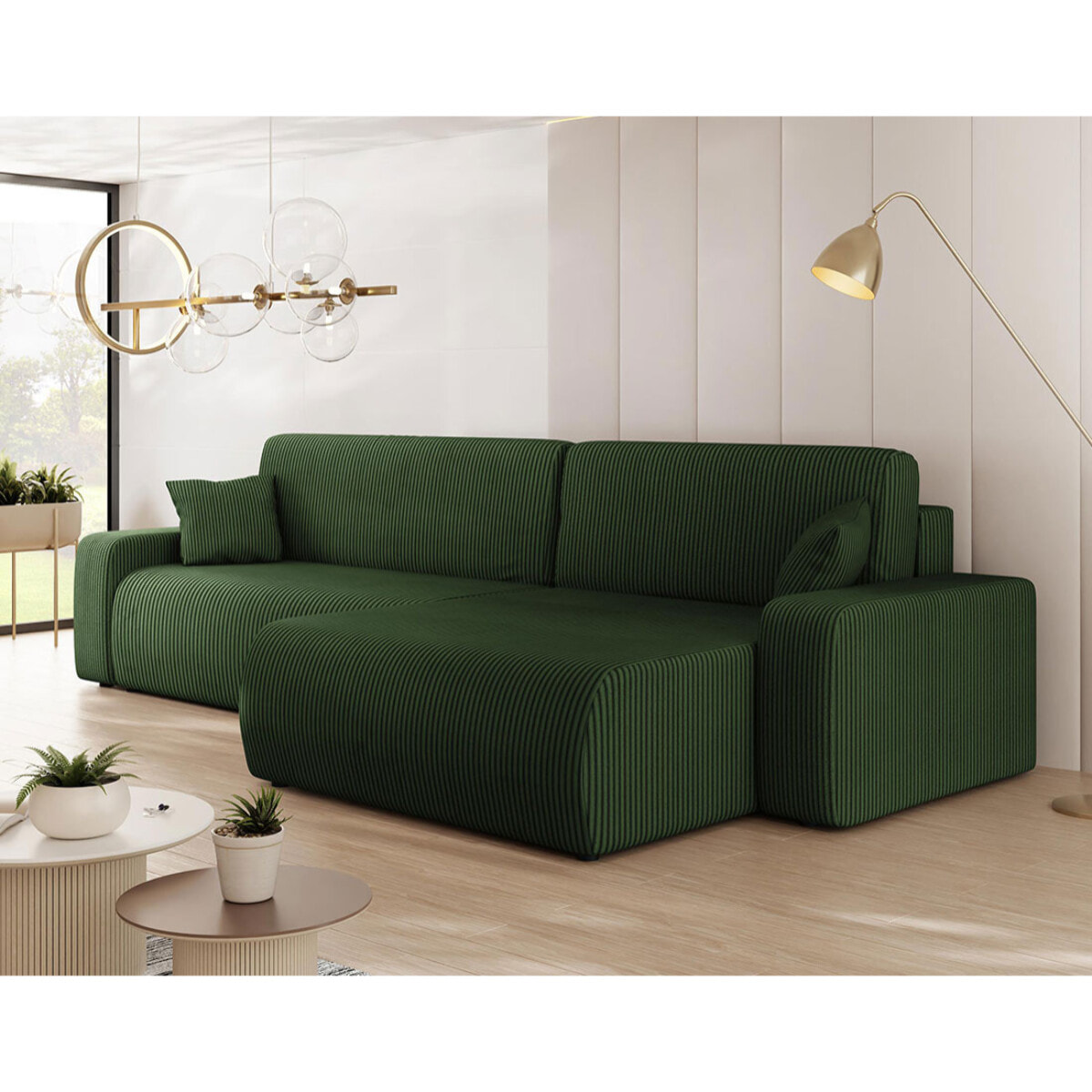 Artemisa - canapé d'angle réversible 5 places convertible avec coffre en velours côtelé - Vert
