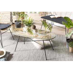 CHLOE - Table basse 100x45cm rotin naturel plateau verre pieds métal noir