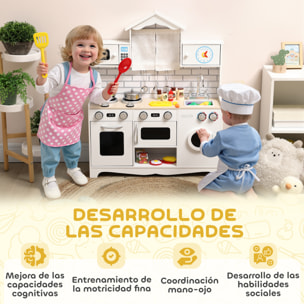 Cocina de Juguete de Madera con Sonido y Cortinas, Cocinita Infantil con Accesorios de Acero Inoxidable, Lavadora, Microondas, Fregadero, Juguetes para Niños a Partir de 3 Años, Blanco