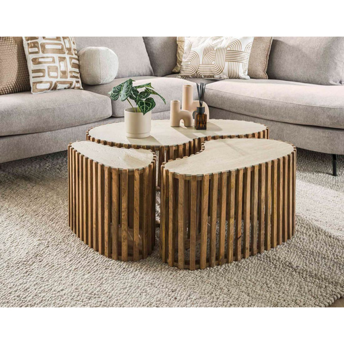 Jade - lot de 3 tables basses gigognes effet travertin - pieds en bois massif de manguier - 90, 70 et 50 cm - Bois / Beige