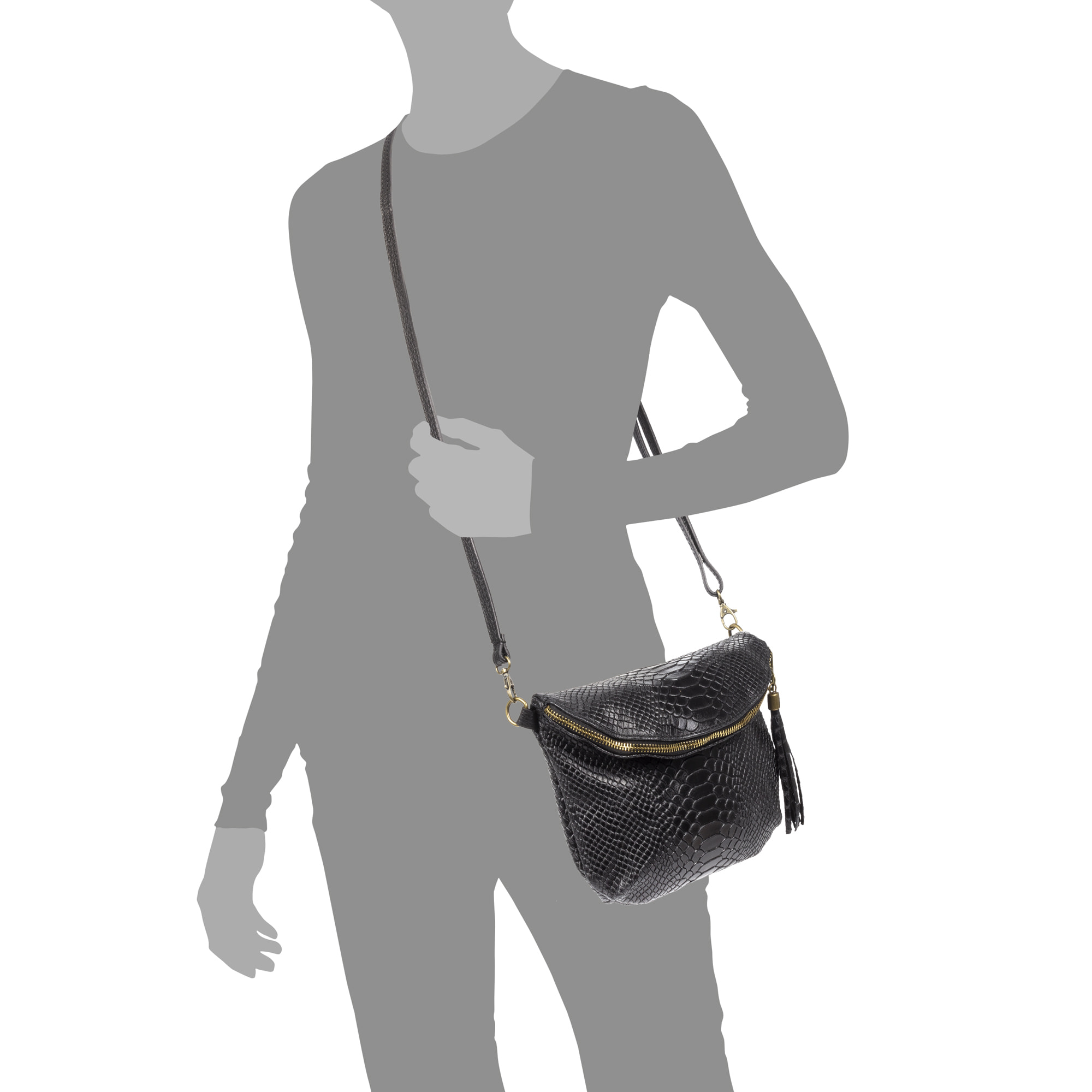 FIRENZE ARTEGIANI Ancona Borsa a tracolla da donna Vera pelle scamosciata stampa serpente Made in Italy 23x4x19 Cm. Colore nero