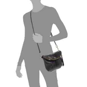 FIRENZE ARTEGIANI Ancona Borsa a tracolla da donna Vera pelle scamosciata stampa serpente Made in Italy 23x4x19 Cm. Colore nero