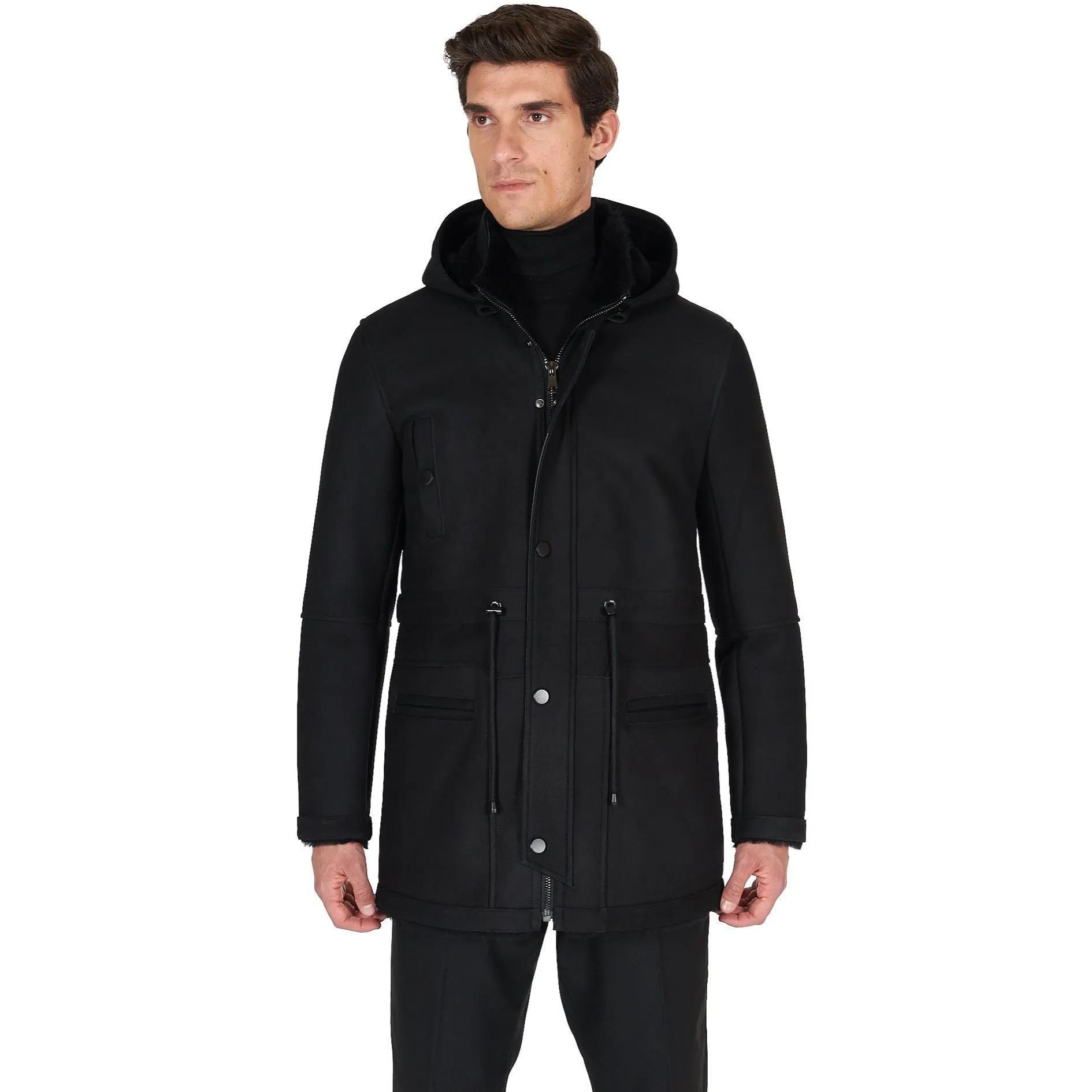 Cappotto Montone Shearling nero con cappuccio staccabile