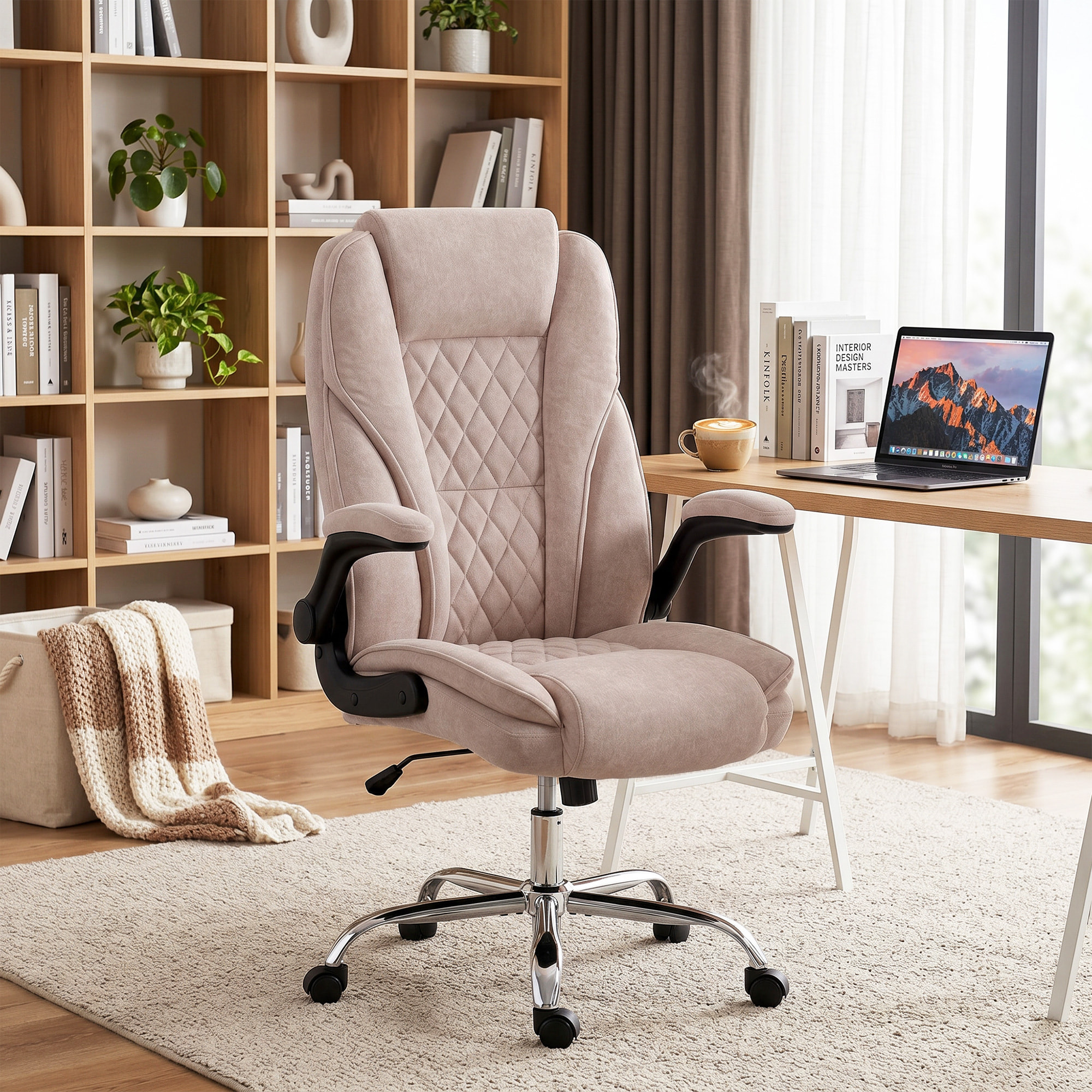 Fauteuil de bureau style Chesterfield réglable accoudoirs rabattables velours rose