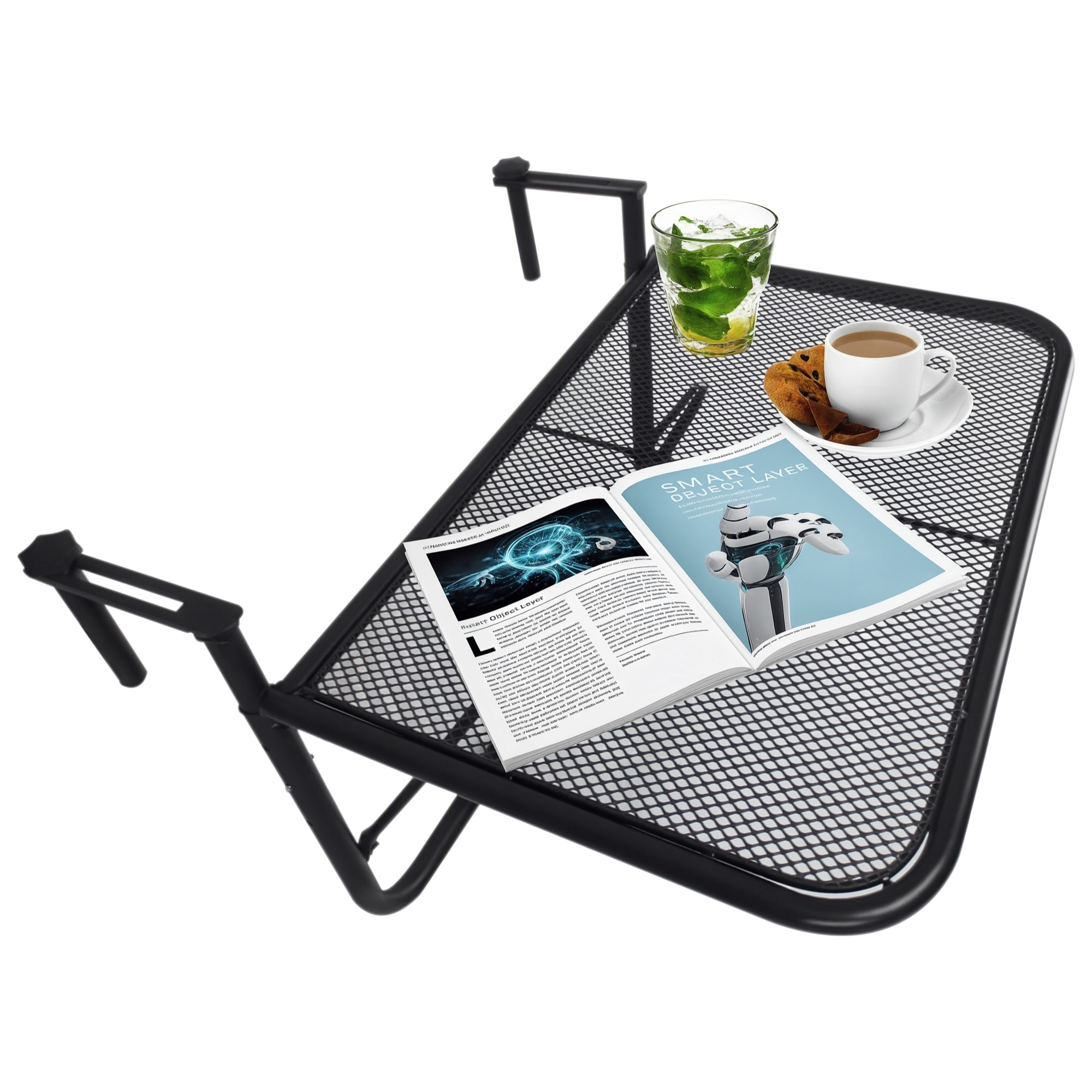 Mesa Colgante de Balcón con Brazo Regulable y Altura Ajustable en 3 Posiciones Marco Metálico Carga Máx. 30 kg 60x56x50 cm Negro