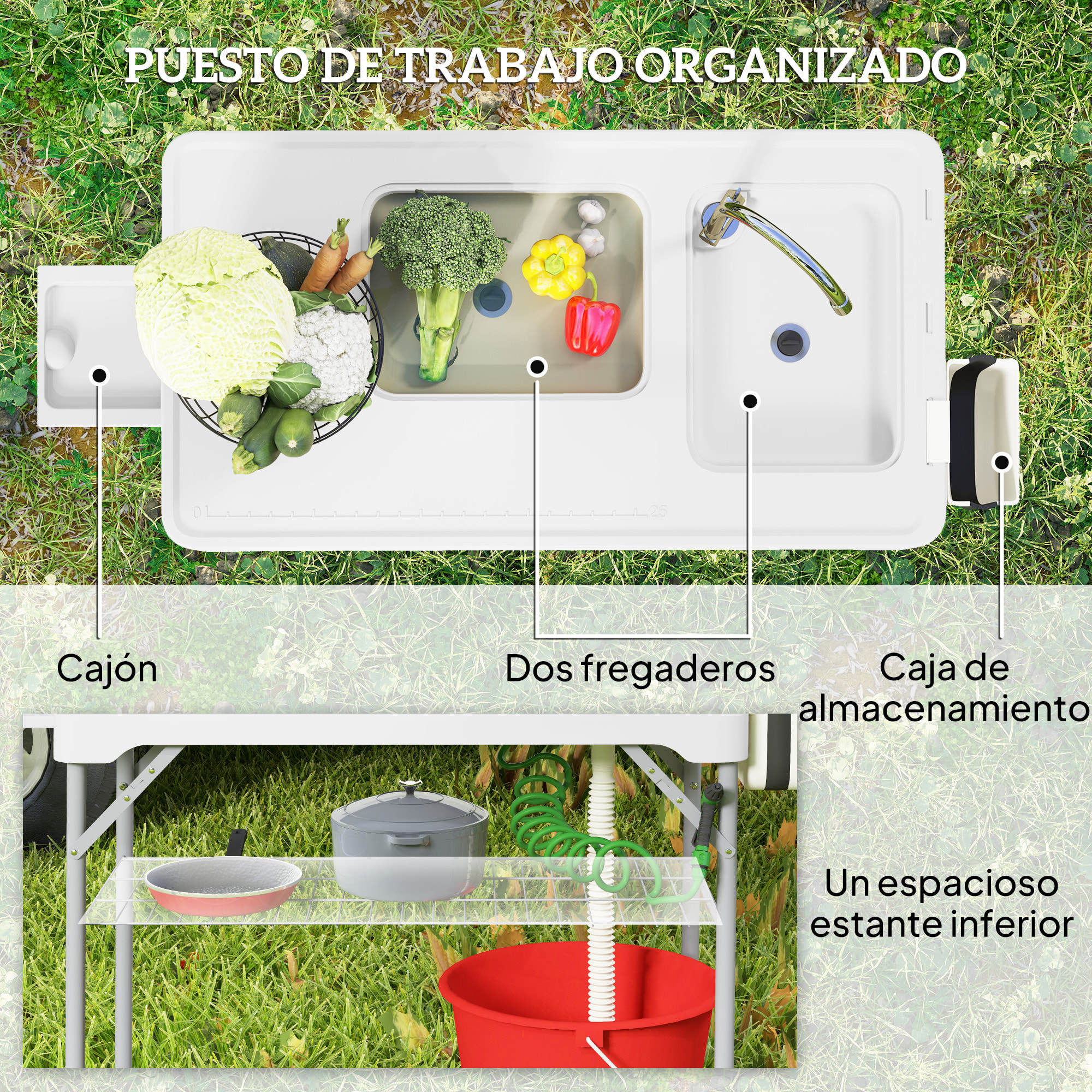Mesa para Limpiar Pescado Portátil Mesa Plegable para Camping con 2 Fregaderos Manguera de Drenaje Estación de Limpieza y Grifo para Pesca Barbacoa Blanco