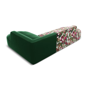 Canapé d'angle droit "Charles" 4 places en velours motif de rose de jardin,vert