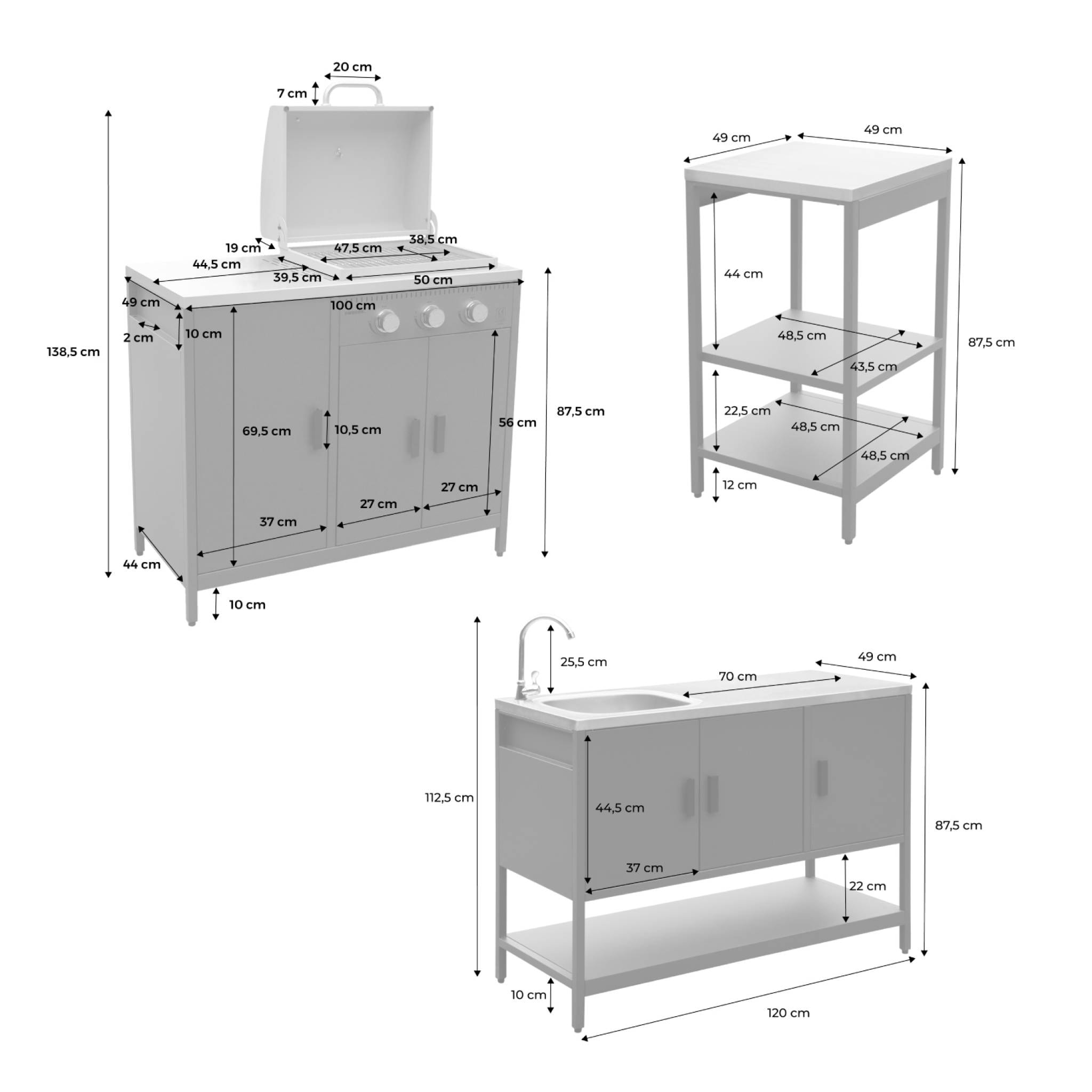 Cuisine d'extérieure 3 modules avec barbecue gaz 3 brûleurs sur pieds, thermomètre NAXOS BARBECUE GAZ + 2 MODULES