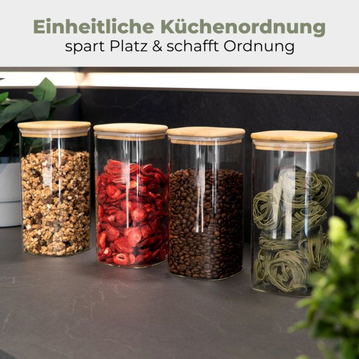 Set 4 bocaux en verre conception angulaire et couvercle en bois de haute qualité Classbach C-VD4027