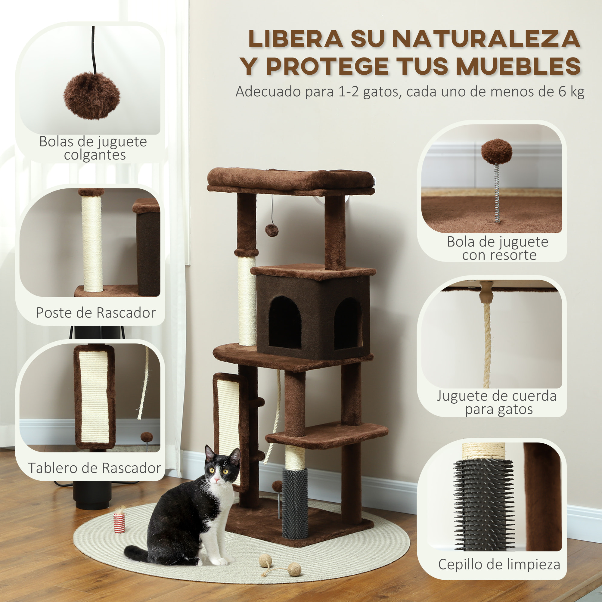 Árbol Rascador para Gatos Altura 132 cm Árbol para Gatos Torre para Gatos con Plataformas Poste con Cepillo Bolas Colgantes y Almohadilla para Rascar Marrón