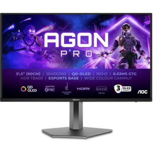 Ecran PC Gamer AOC AGON PRO 32" 4K 165Hz QD-OLED HDR True Black 400 HDMI 2.1 G-Sync