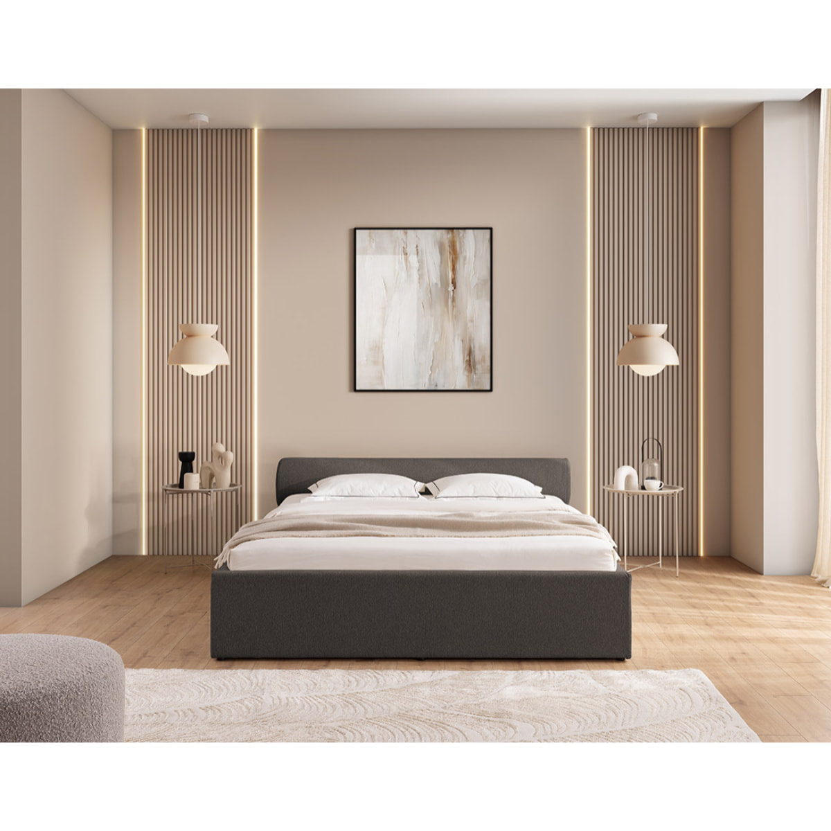 Billy - lit coffre - 140x190 cm - en tissu texturé - sommier inclus - Gris Anthracite