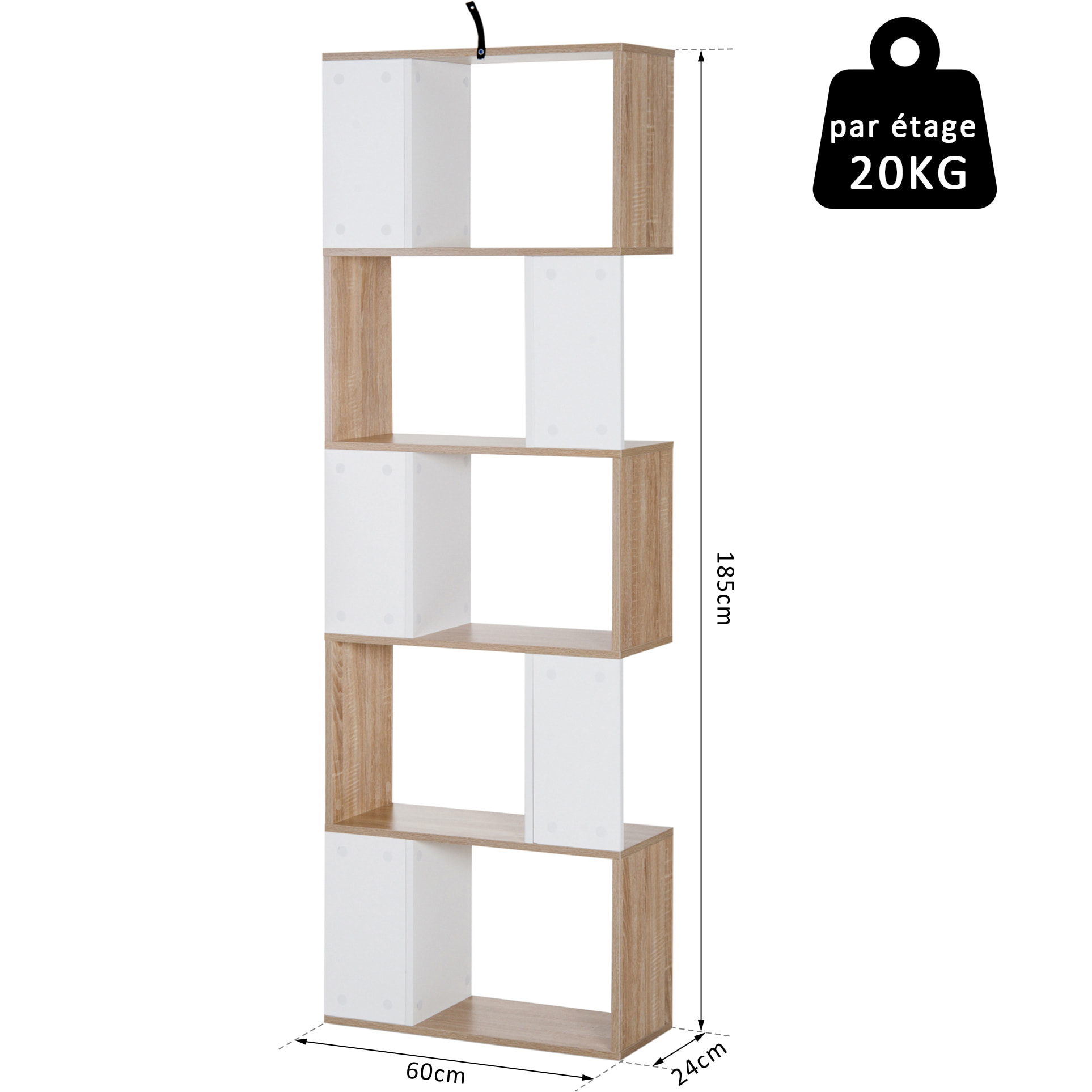 Bibliothèque étagère meuble de rangement design contemporain en S 5 étagères 60L x 24l x 185H cm effet chêne blanc