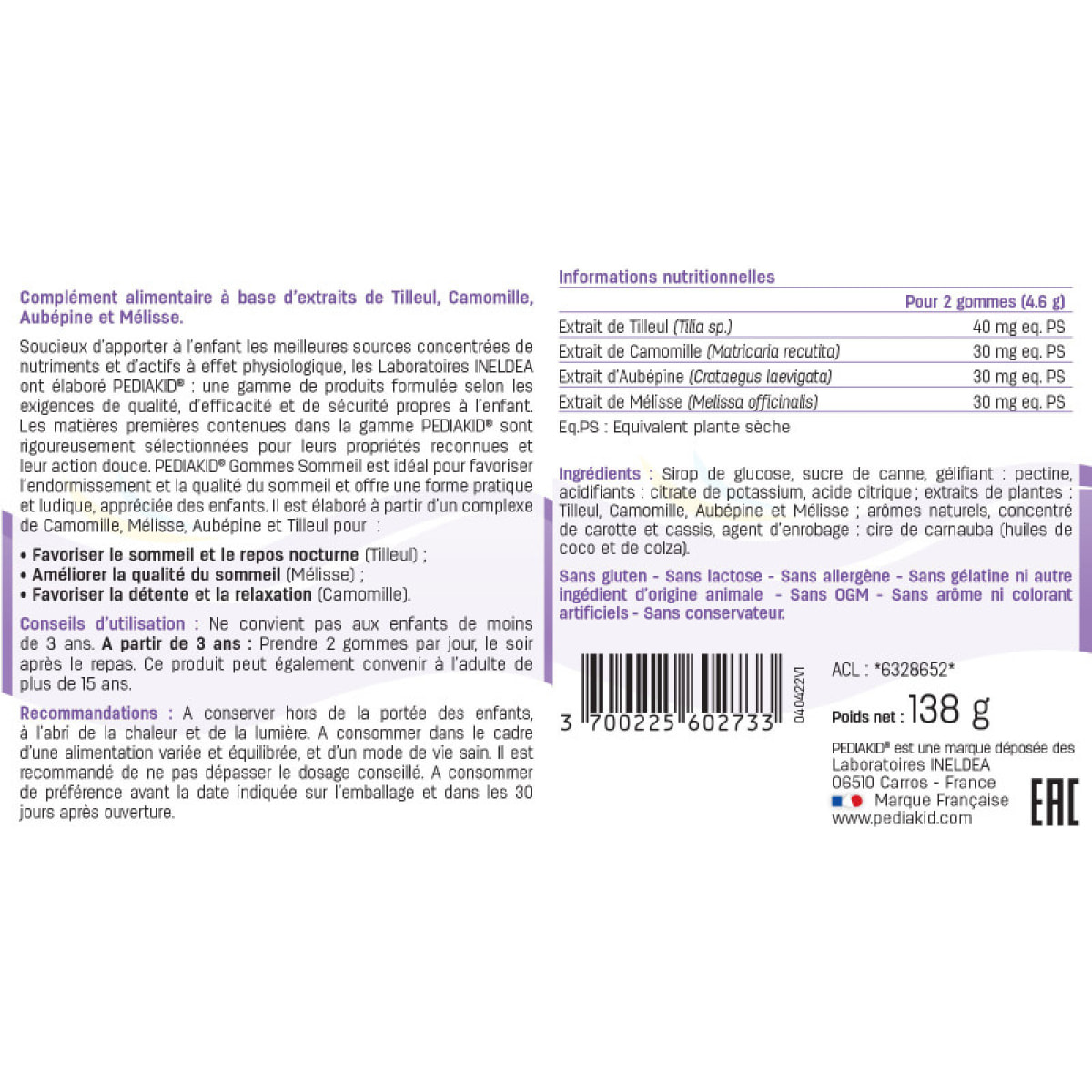 PEDIAKID - Gommes Sommeil - Complément alimentaire - Tilleul, Aubépine, Camomille & Mélisse - Facilite l'endormissement - Favorise un sommeil de meilleure qualité - Sans gélatine - Lot de 2