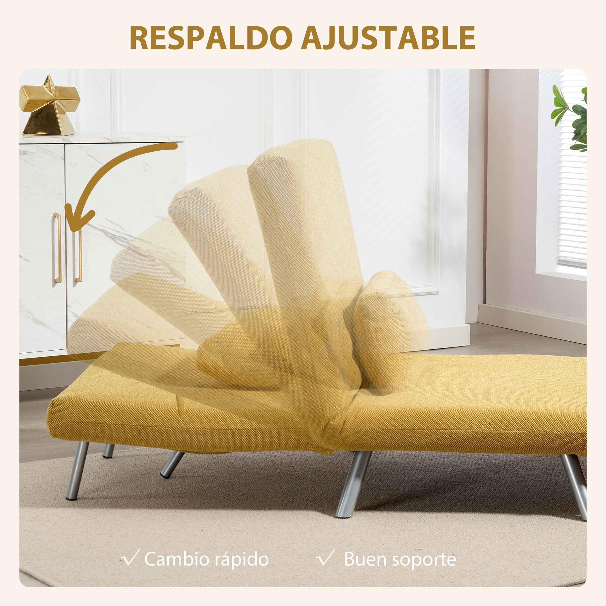 Sofá Cama de 1 Plazas 3 en 1 Sillón Cama Plegable Tapizado en Chenilla con Respaldo Ajustable de 5 Niveles y Almohada Acolchada para Oficina Dormitorio Salón 80x75x83 cm Amarillo