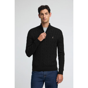 Maglione nero in filo intrecciato in misto lana con mezza cerniera e ricamo Rigby Go