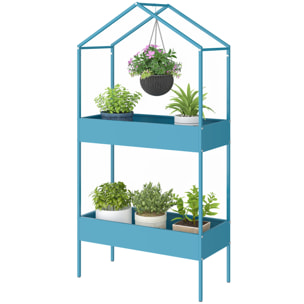 Étagère à plantes en métal 2 niveaux forme de maison bleu