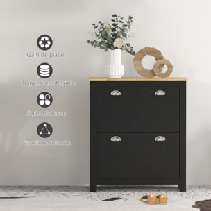 Armoire à chaussures 2 portes abattantes 2 compartiments poignées coquilles métal MDF noir chêne clair