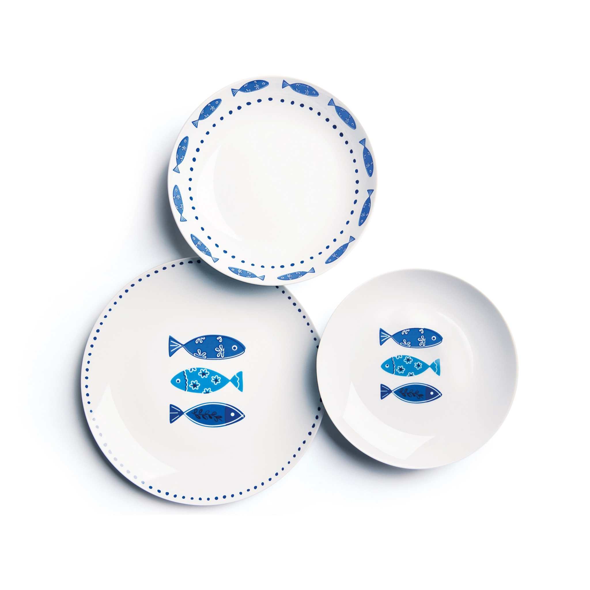 Service 18 assiettes Excelsa Ocean, porcelaine, blanc et bleu