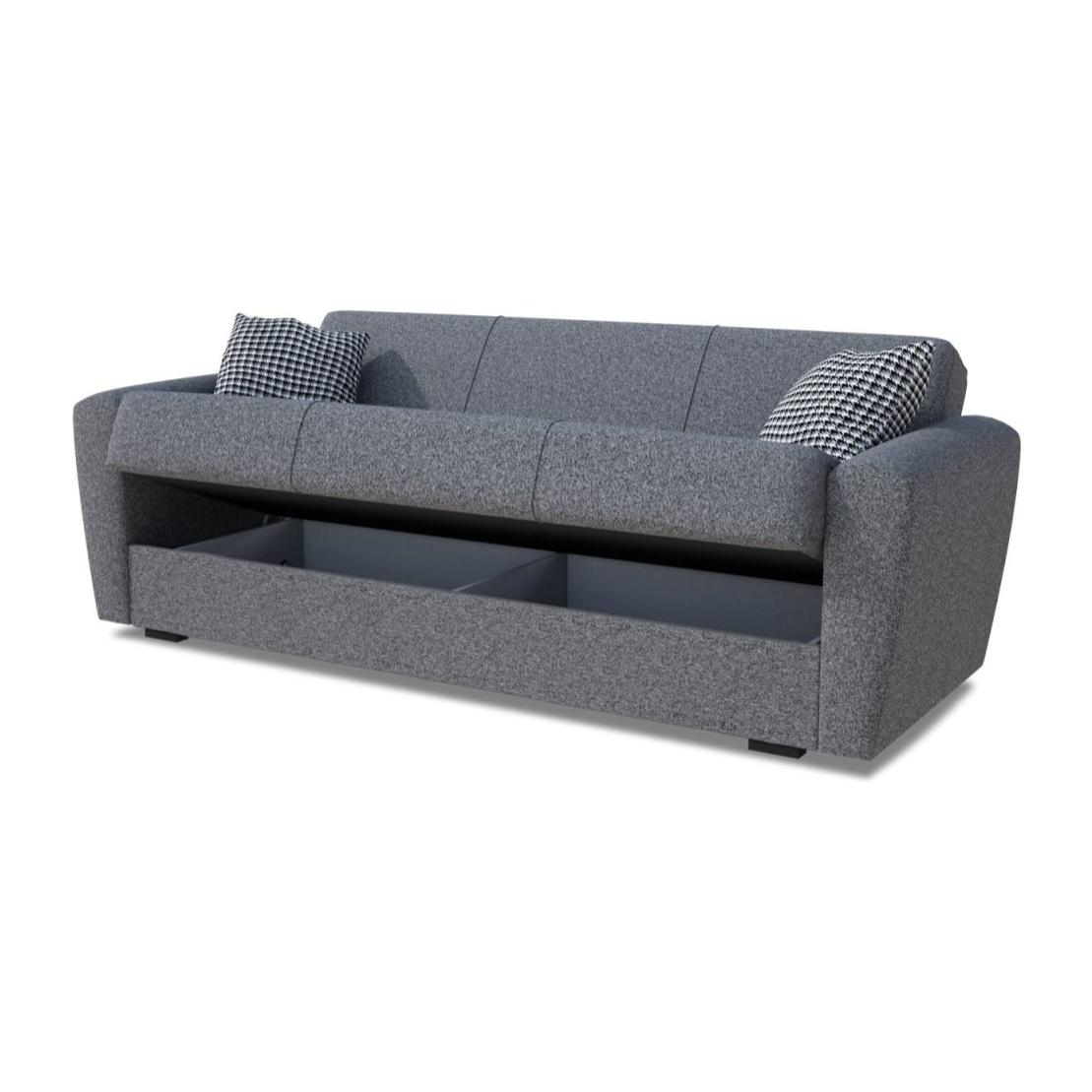 Divano letto Escobar, Divano letto contenitore a 3 posti lineare, Sofà da soggiorno in tessuto imbottito con apertura click-clack, 223x84xh80 cm, Grigio