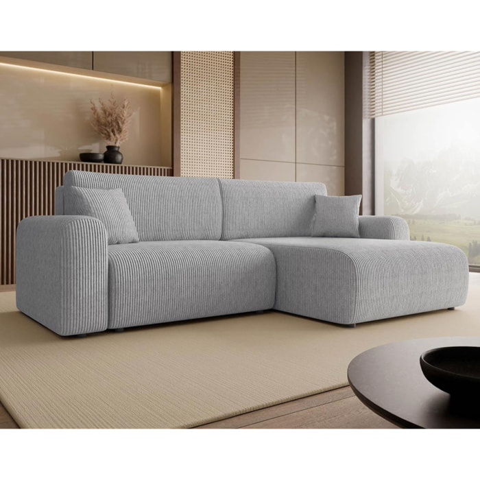 Naomi - Canapé d'angle réversible 4 places convertible avec coffre en velours côtelé - Gris clair
