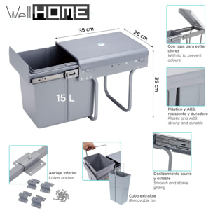 Contenedor de reciclaje para mueble de cocina, cubos de basura bajo fregadero, fijación inferior y extracción manual, cubo extraíble, con tapa