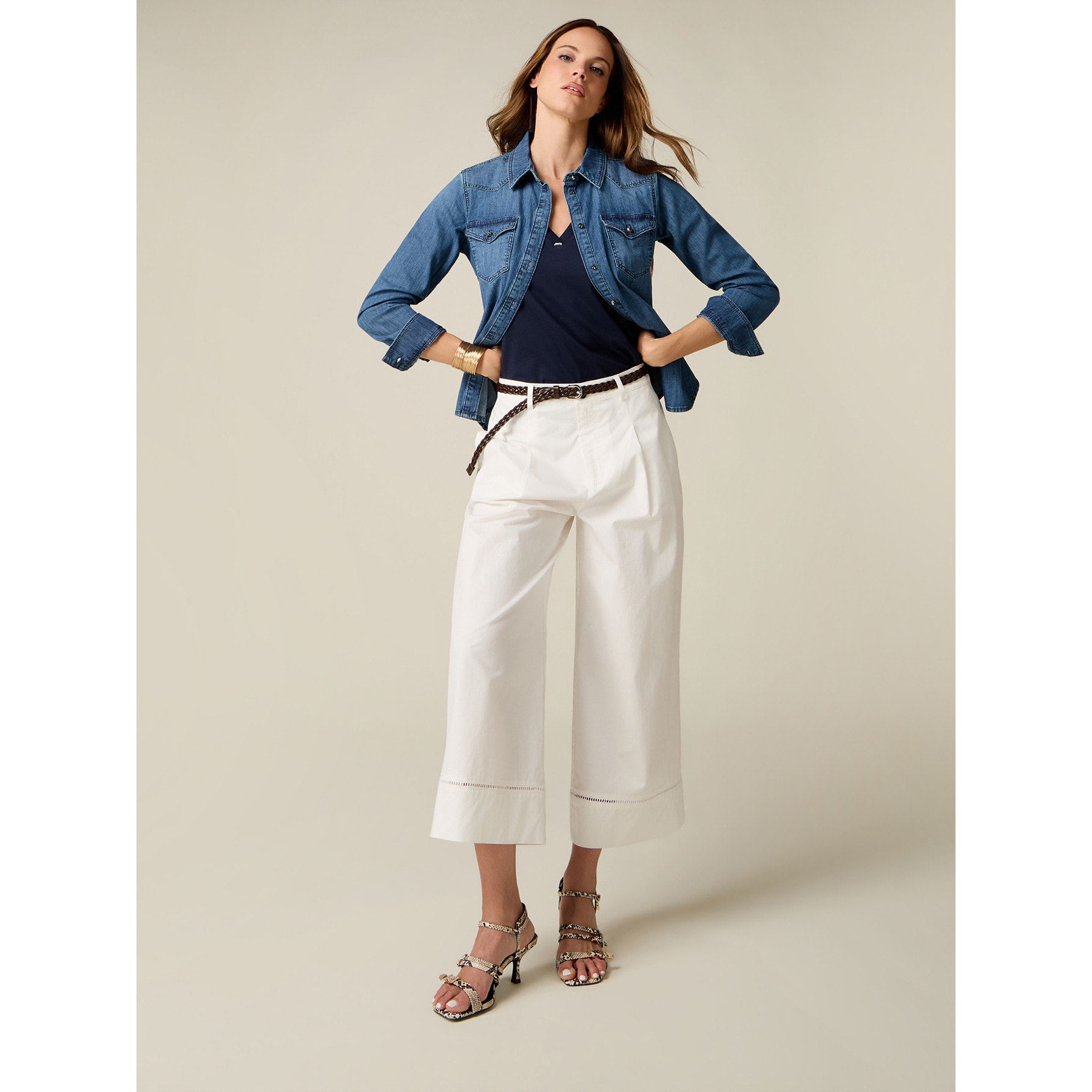 Oltre - Pantaloni palazzo cropped con ajour - Bianco
