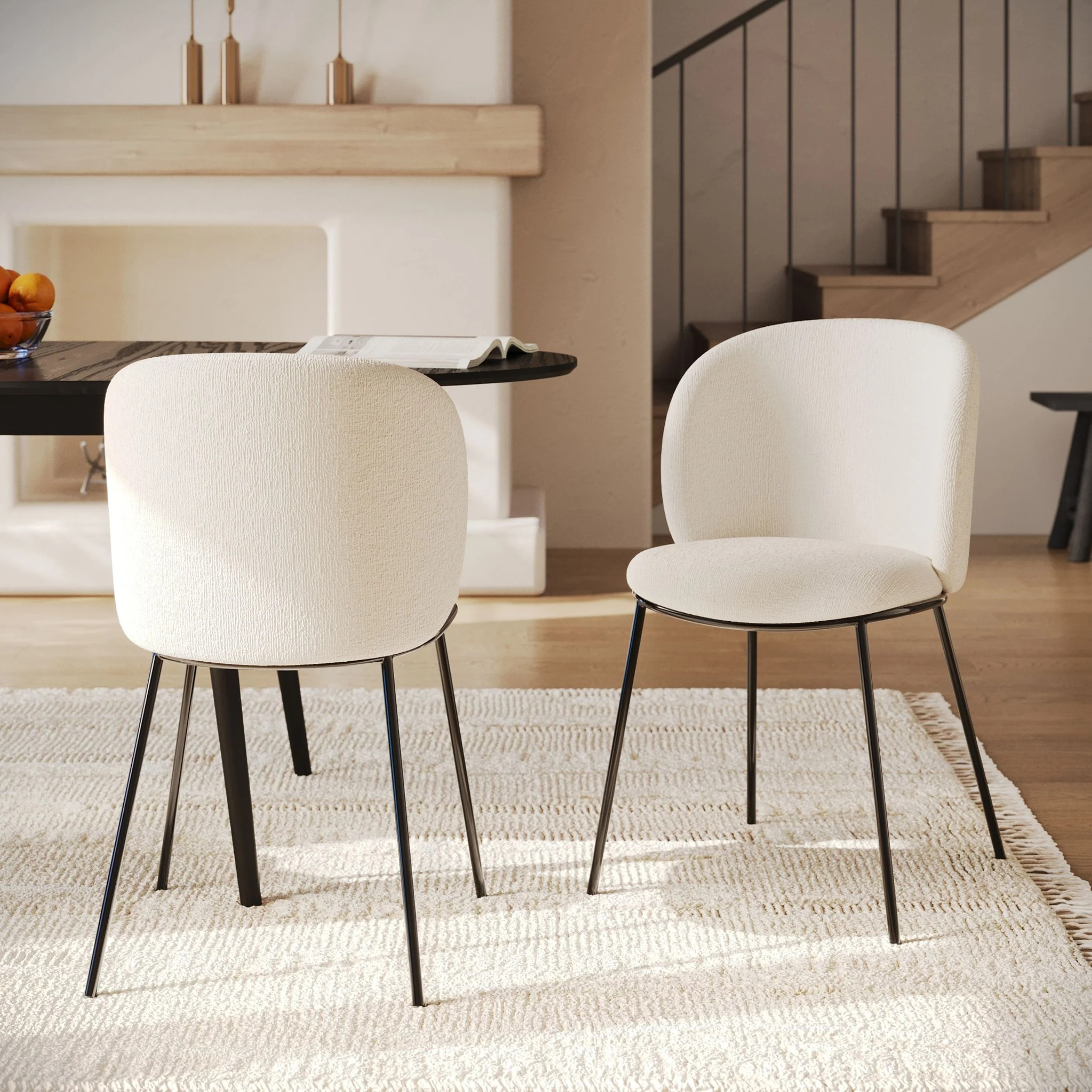 Lot de 2 chaises en tissu doux blanc, pieds métal noir - Bulle