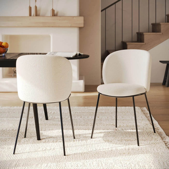 Lot de 2 chaises en tissu doux blanc, pieds métal noir - Bulle
