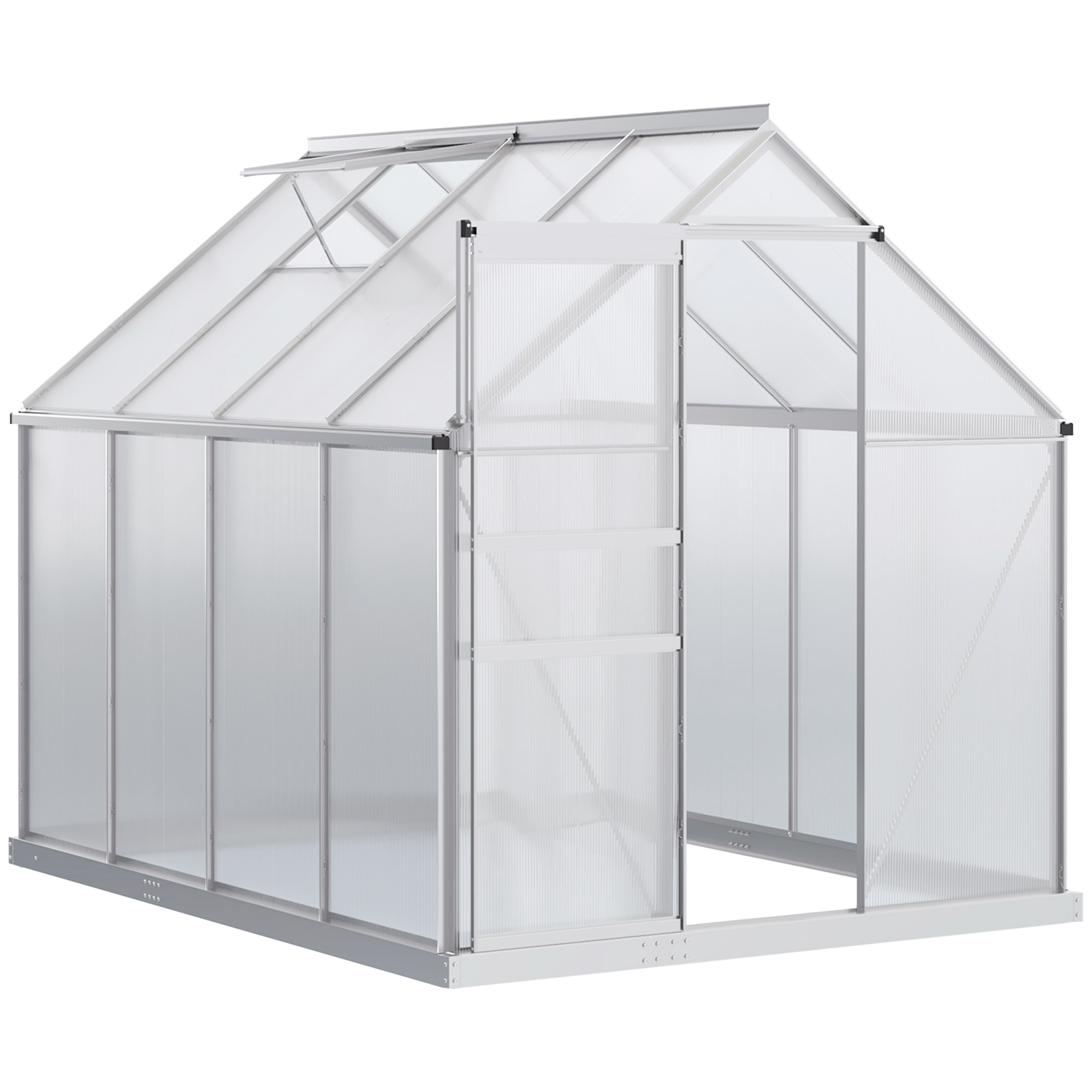 Serre de jardin aluminium polycarbonate 4,8 m² dim. 2,53L x 1,9l x 2H m lucarne réglable fondation porte coulissante