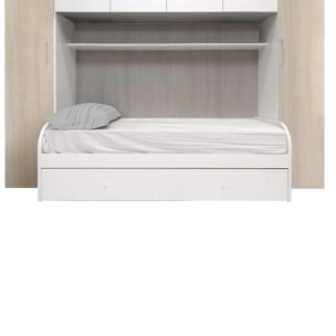 Cameretta completa di armadio a 6 ante e divano letto con secondo letto estraibile, mensola abbinata, doghe incluse, Made in Italy, cm 293x90x247, colore Bianco e Olmo