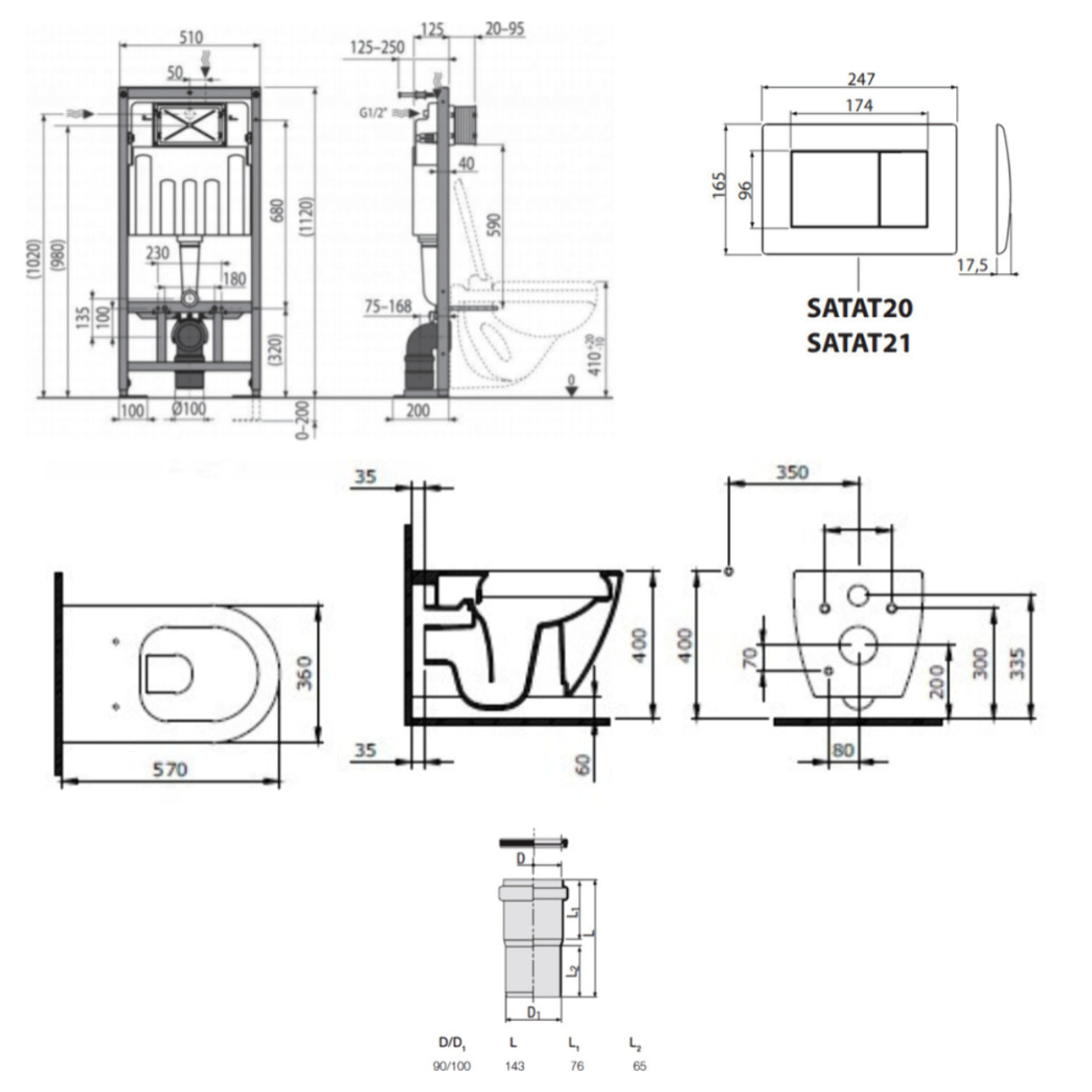 Pack WC bâti-support autoportant + WC suspendu sans bride Livea avec abattant SoftClose + plaque (STBEWR01-FR)