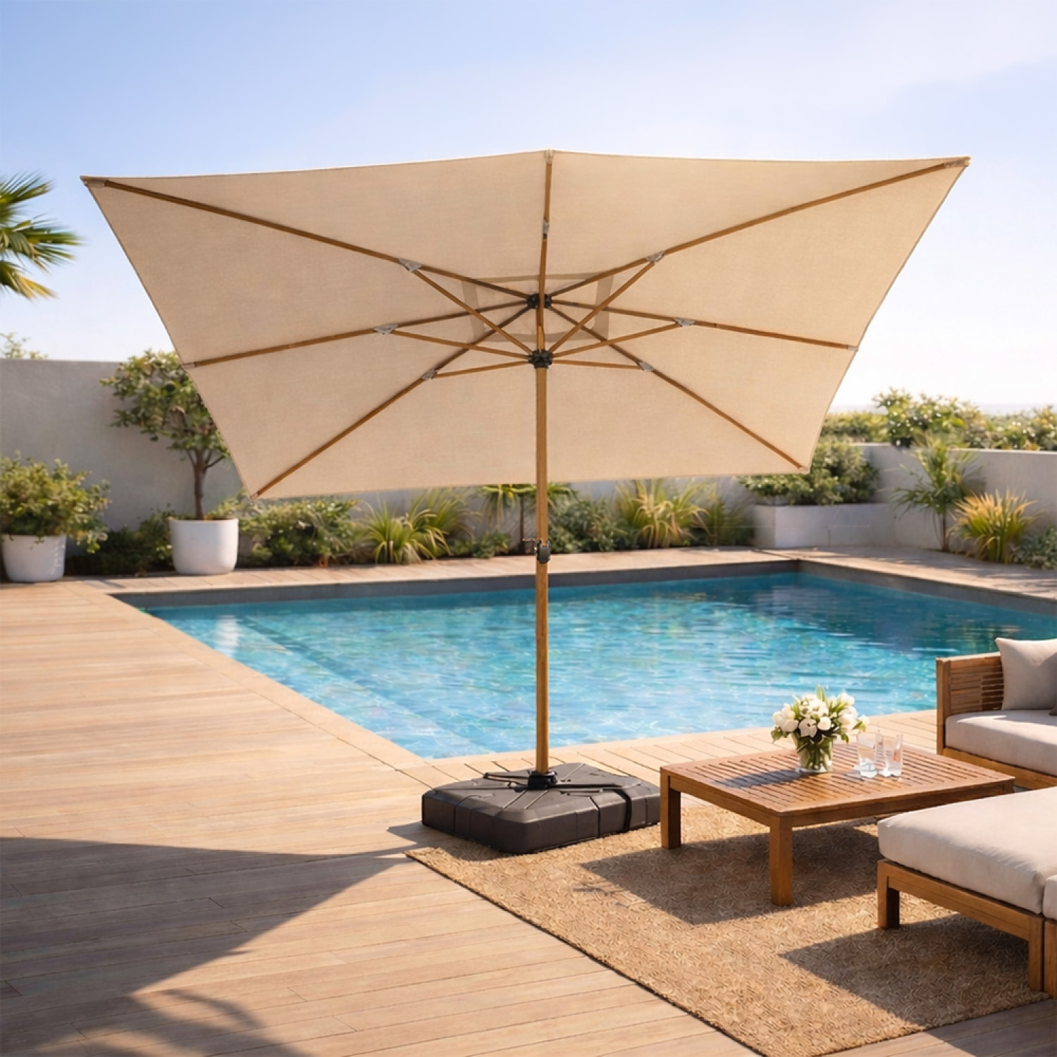 Parasol rectangulaire 3x4m déporté rotatif écru pied effet bois en aluminium NAVIA