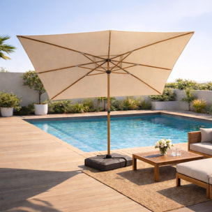 Parasol rectangulaire 3x4m déporté rotatif écru pied effet bois en aluminium NAVIA